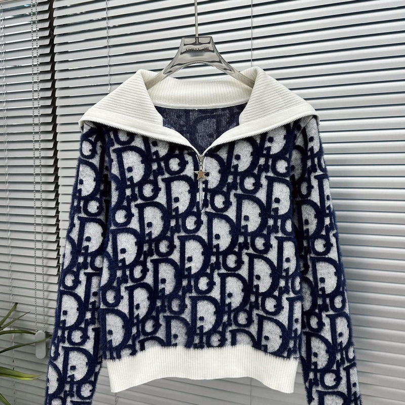 Navy Zip-up Knitted Cardigan Jacket With Letters