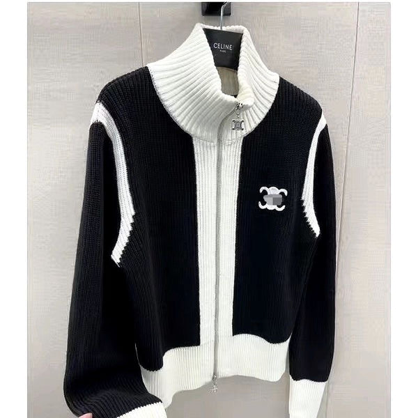 Women's Color Block Knitted Cardigan Sweater Zipper Jacket