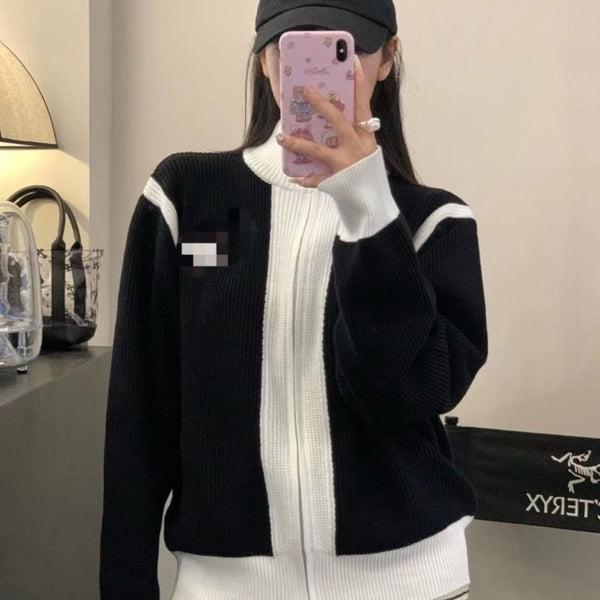 Women's Color Block Knitted Cardigan Sweater Zipper Jacket