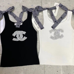 Heavy Pearl Lace Trim Embroidered Striped Bow Vest