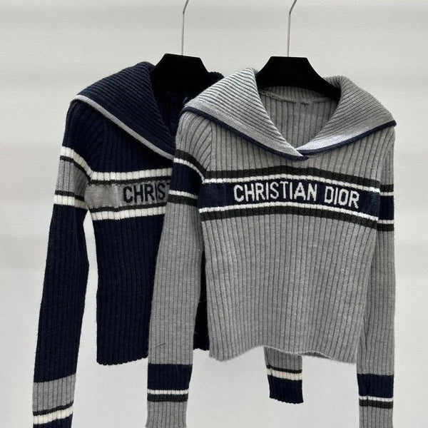 Contrast Navy Collar Letter Knitted Top Bottoming Sweater