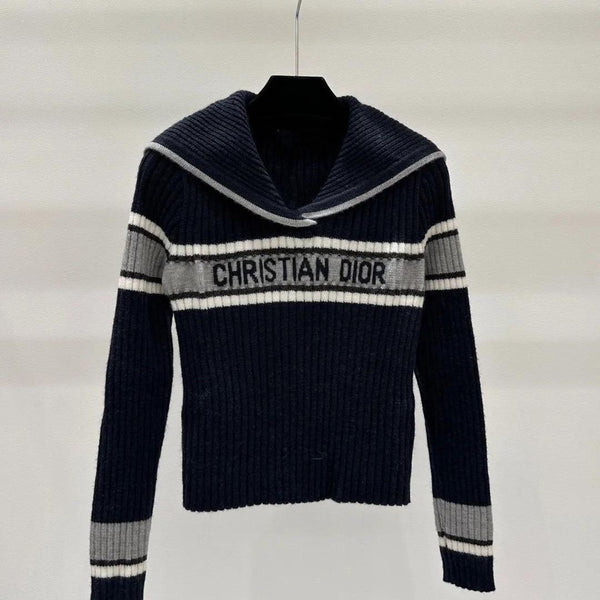 Contrast Navy Collar Letter Knitted Top Bottoming Sweater