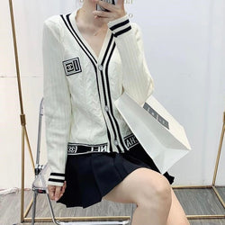 V-neck Slim Black and White Contrast Cardigan