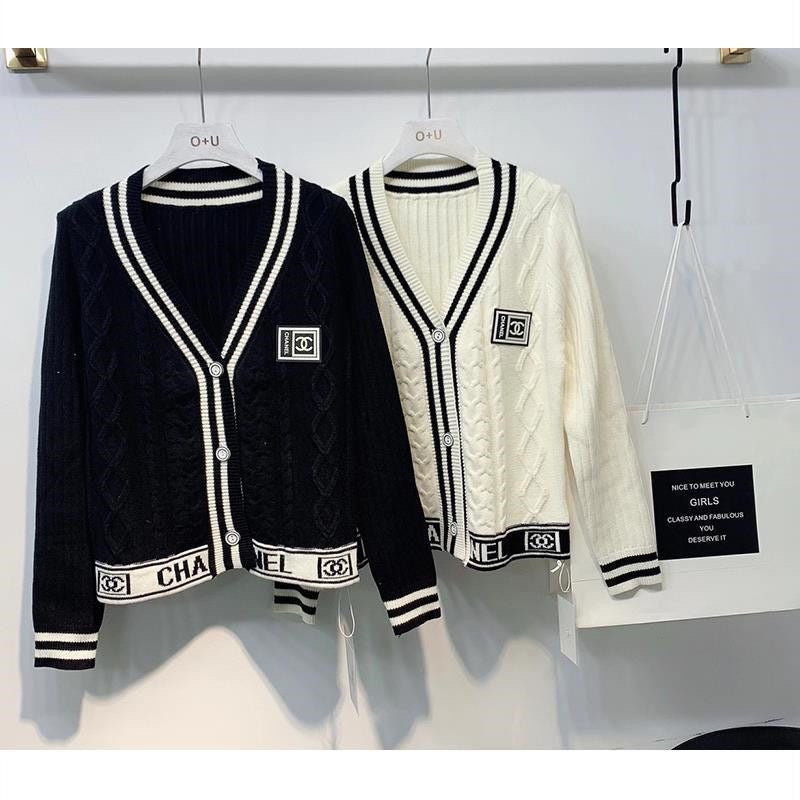 V-neck Slim Black and White Contrast Cardigan