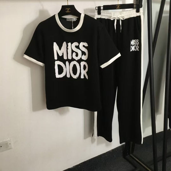 Fashion Round Neck Letter Print Knitted Top Wide Leg Pants Two Piece Set