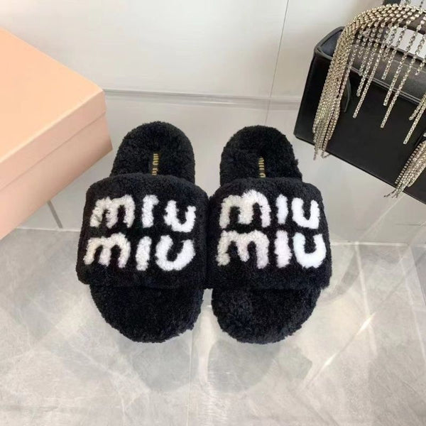 Thick-soled Fur Slippers With Letters
