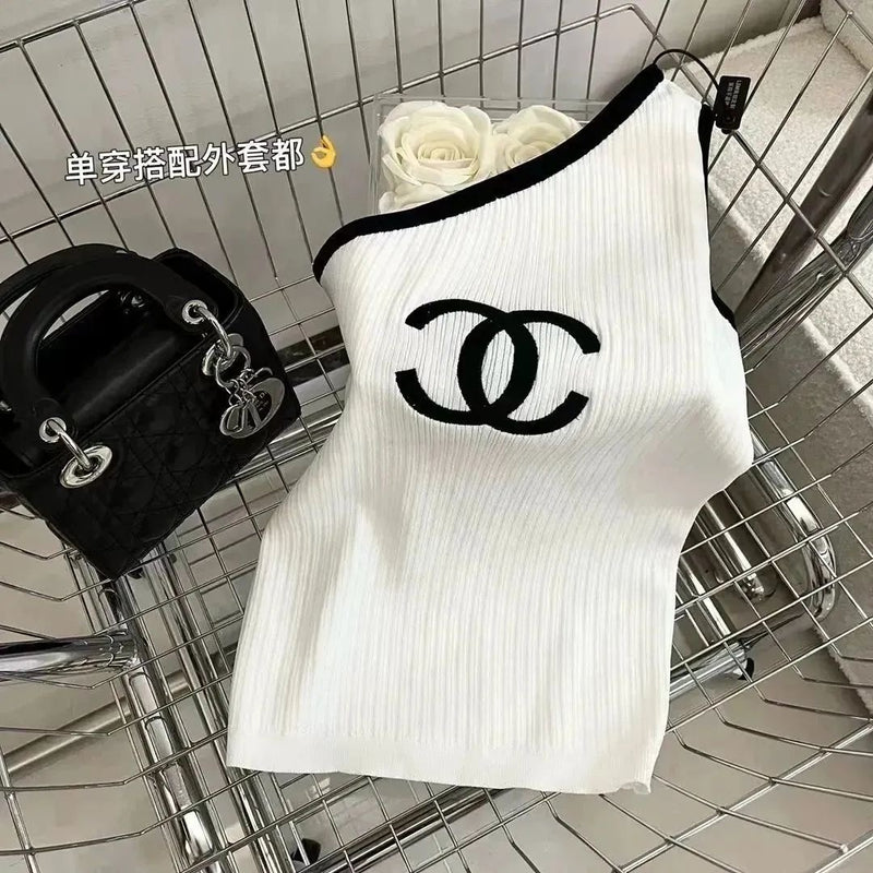 Fashion New Knitted Sling Spice Slant Shoulder Vest Top