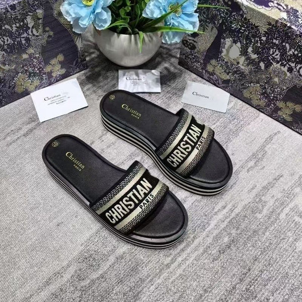Embroidered Lettering Platform Slippers