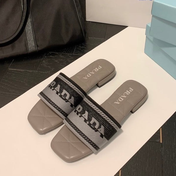 Lettering Embroidered Flat Slippers