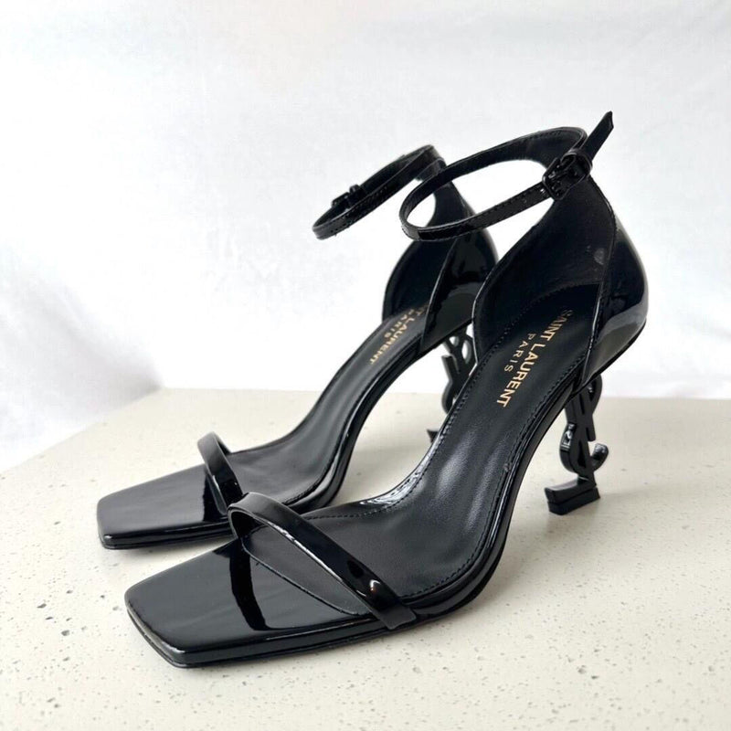 Black Genuine Leather Gold Letter Buckle One-strap Sandals