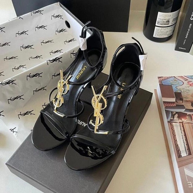Black Genuine Leather Gold Letter Buckle One-strap Sandals