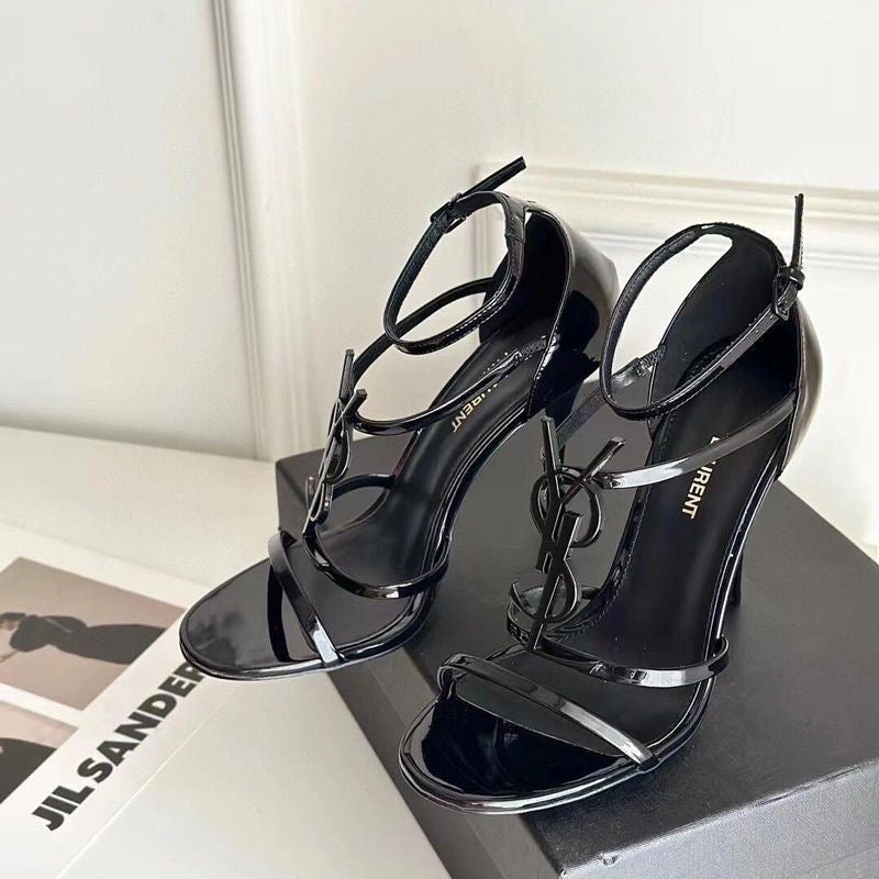 Black Genuine Leather Gold Letter Buckle One-strap Sandals