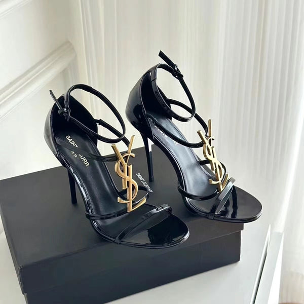 Black Genuine Leather Gold Letter Buckle One-strap Sandals