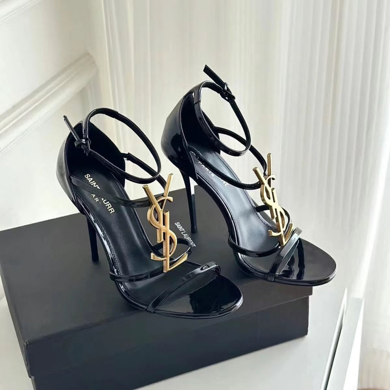 Black Genuine Leather Gold Letter Buckle One-strap Sandals