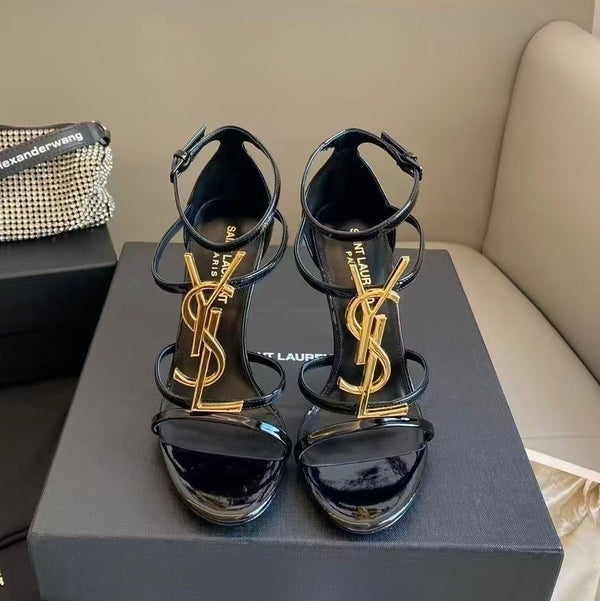 Black Genuine Leather Gold Letter Buckle One-strap Sandals