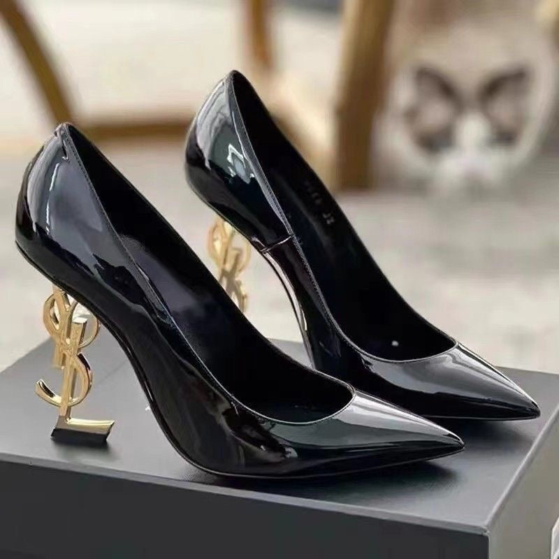 Black Genuine Leather Gold Letter Buckle One-strap Sandals