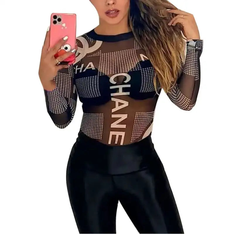 Sexy See-Through Printed One-Piece Chiffon Shirt