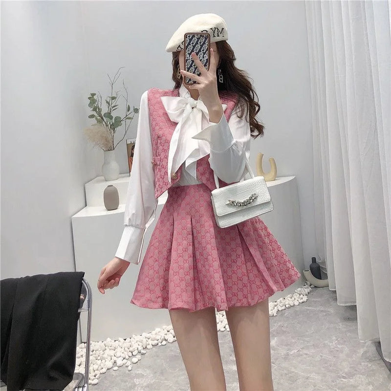 Three-Piece Fashion Luxury Shirt Top + Vest + Pleated Skirt