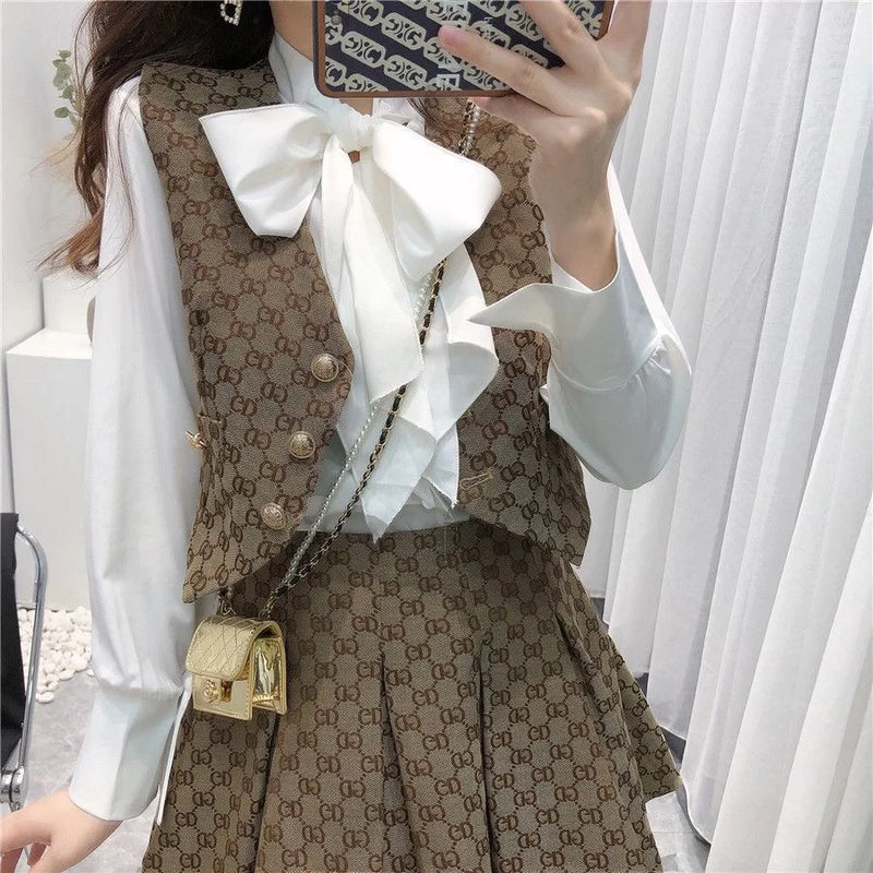Three-Piece Fashion Luxury Shirt Top + Vest + Pleated Skirt