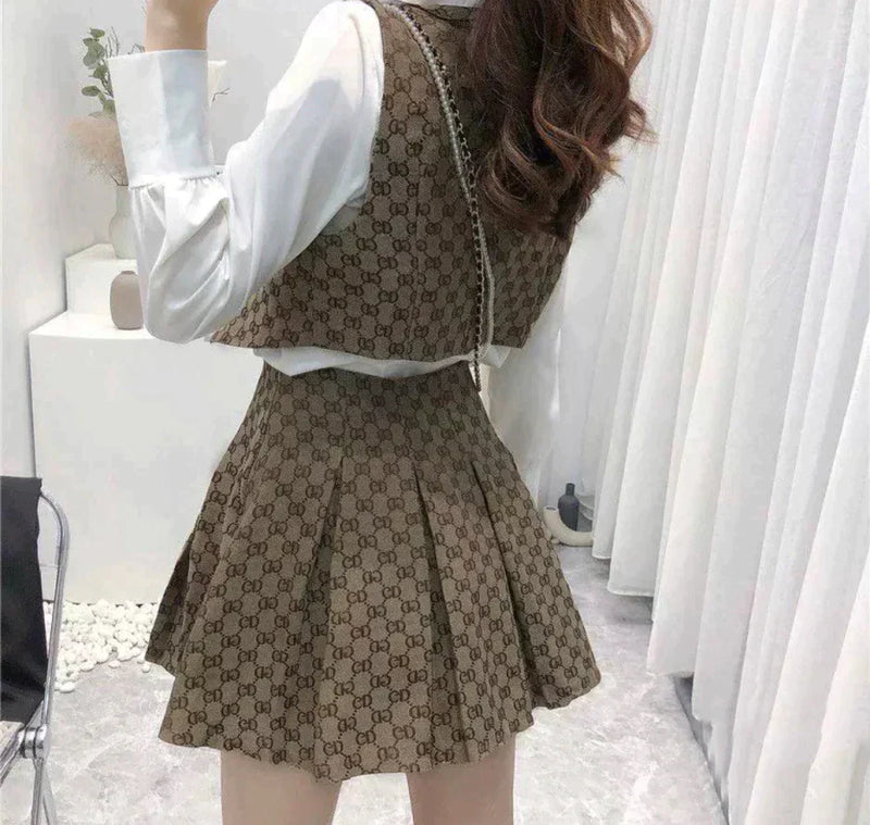 Three-Piece Fashion Luxury Shirt Top + Vest + Pleated Skirt