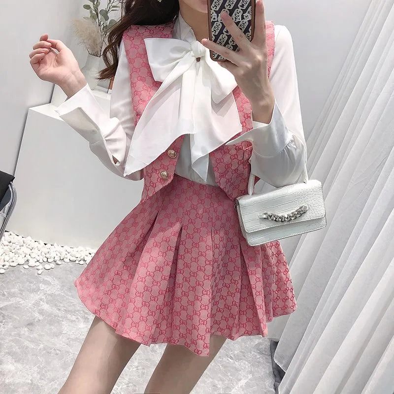 Three-Piece Fashion Luxury Shirt Top + Vest + Pleated Skirt