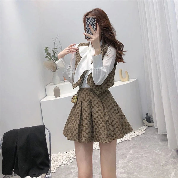 Three-Piece Fashion Luxury Shirt Top + Vest + Pleated Skirt
