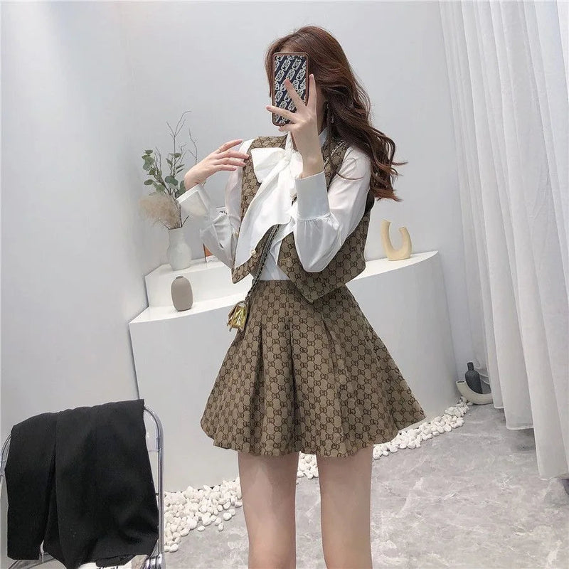 Three-Piece Fashion Luxury Shirt Top + Vest + Pleated Skirt
