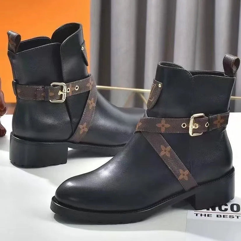 Ladies Flat Low Heel Casual Boots With Buckle