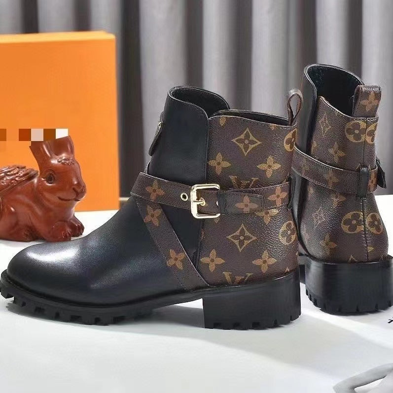 Ladies Flat Low Heel Casual Boots With Buckle