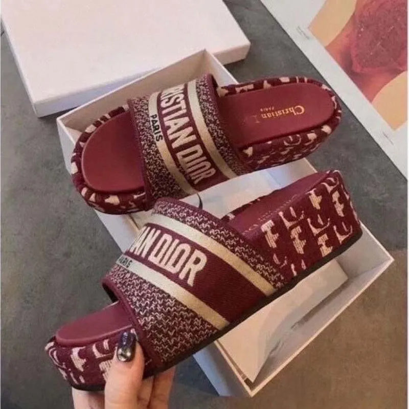 Letter Embroidered Platform Slides