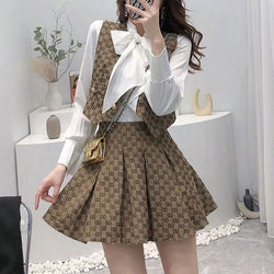 Three-Piece Fashion Luxury Shirt Top + Vest + Pleated Skirt