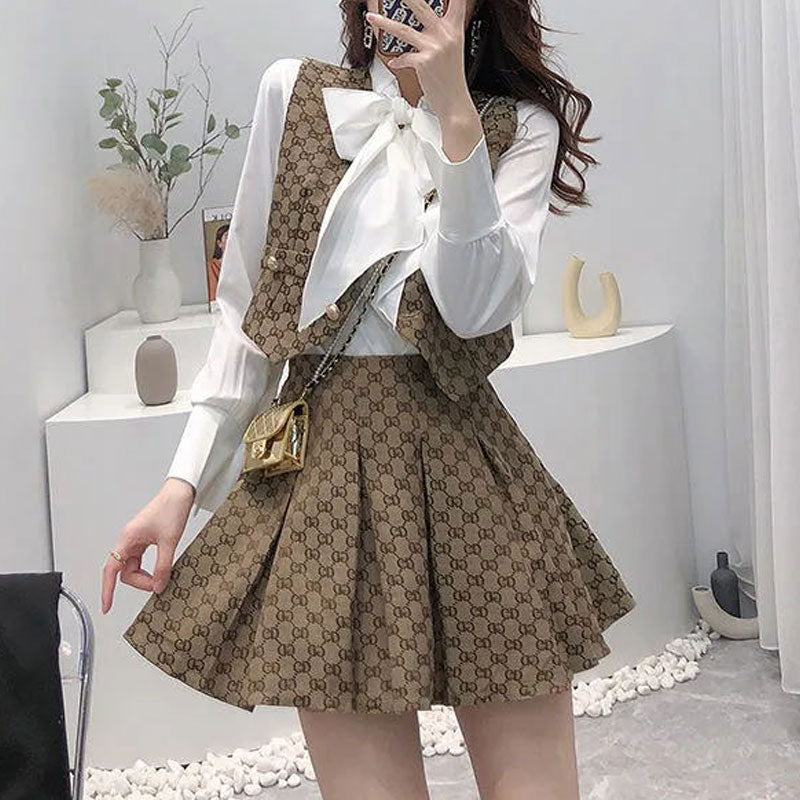Three-Piece Fashion Luxury Shirt Top + Vest + Pleated Skirt
