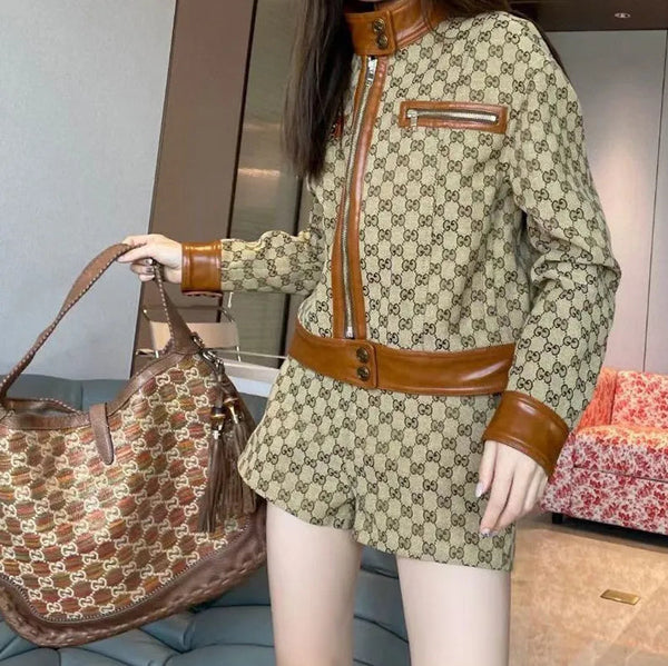 Full Letter Jacquard Retro Suit Jacket And Shorts