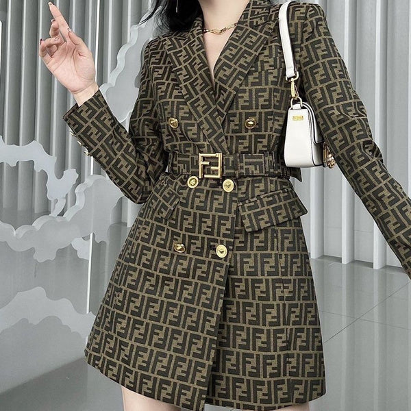 Women's Letter Print Trench Coat With Belt