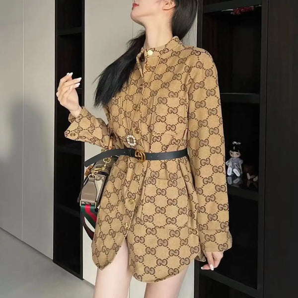 Stand Collar Letter Printed Retro Long Shirt
