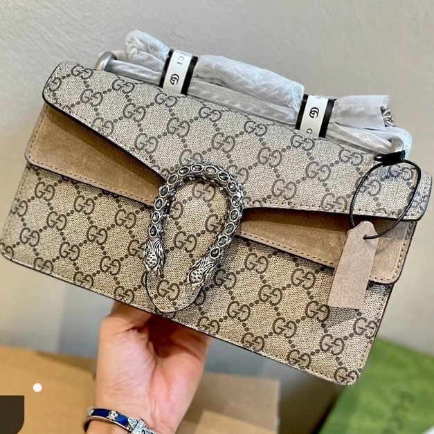 Trendy Full Logo Leather Lined Suede Bag